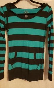 Black and turquoise striped hoody sweater